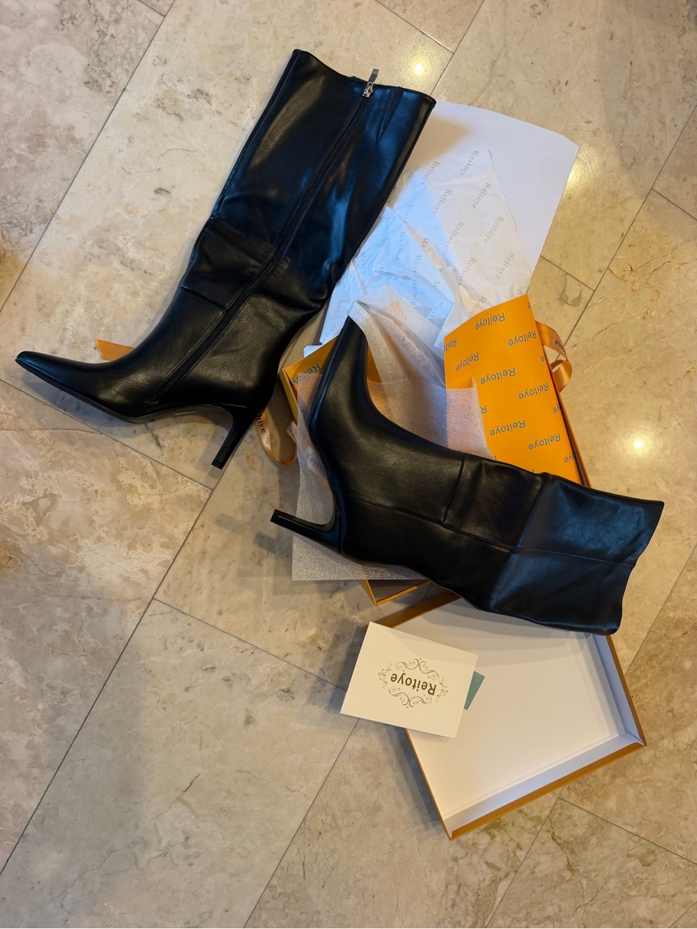 Never worn Black Leather Mid-Calf Stiletto Boots